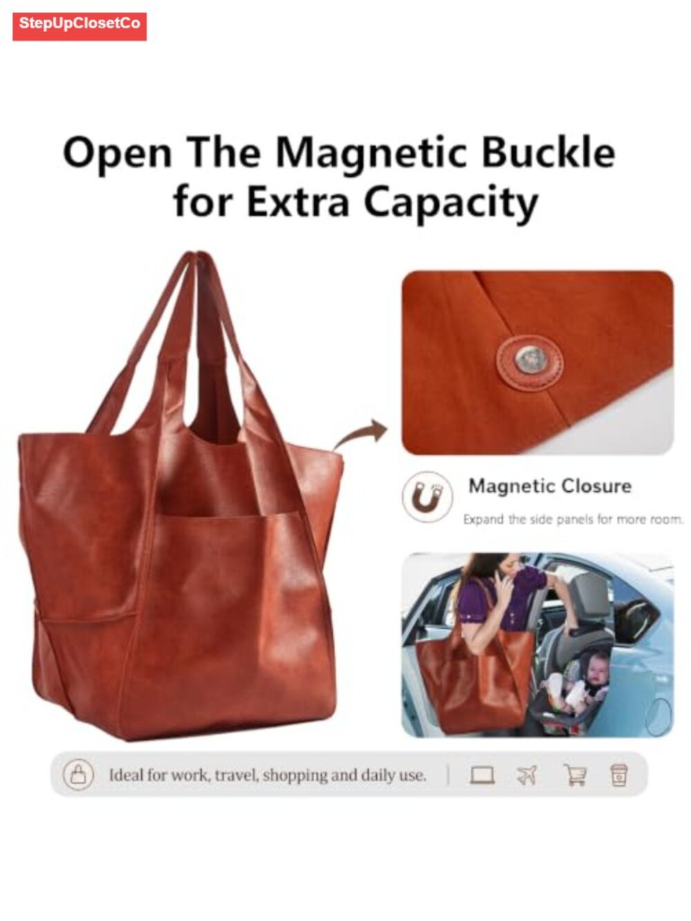 Oversized PU Leather Hobo Tote Bag Large Capacity Work Travel Shopping - Picture 3 of 6
